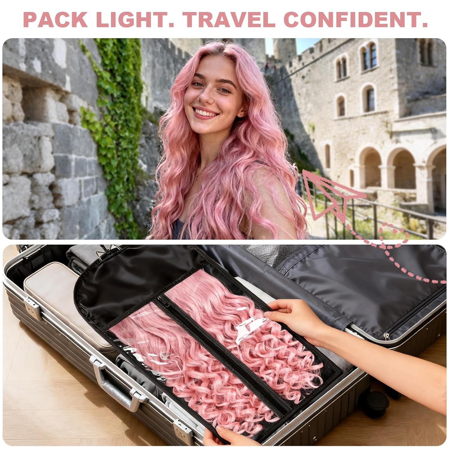 2 Pack Silk Satin Wig Storage Bag with Hanger, Breathable Hair Extension Holder for Styling & Organizing, Dust-proof Silk Case for Protecting Hair Extensions & Wigs