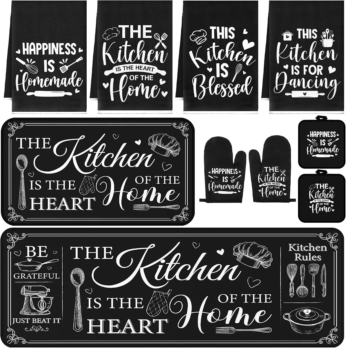 Fourluoo 10 Pcs Farmhouse Kitchen Decor and Accessories Set Black | Farmhouse Heart of Home Quotes, Includes Rugs Towels Pot Holders Mitts Set, for Cooking Baking Housewarming Gifts