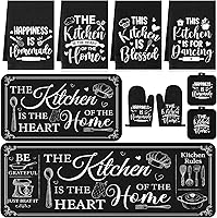 Fourluoo 10-Piece Farmhouse Kitchen Set: 4 Towels, 2 Pot Holders, 2 Oven Mitts, 2 Rugs - Black Classic Style for Baking & Housewarming Gifts