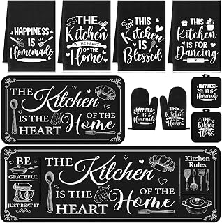 Fourluoo 10-Piece Farmhouse Kitchen Set: 4 Towels, 2 Pot Holders, 2 Oven Mitts, 2 Rugs - Black Classic Style for Baking & Housewarming Gifts