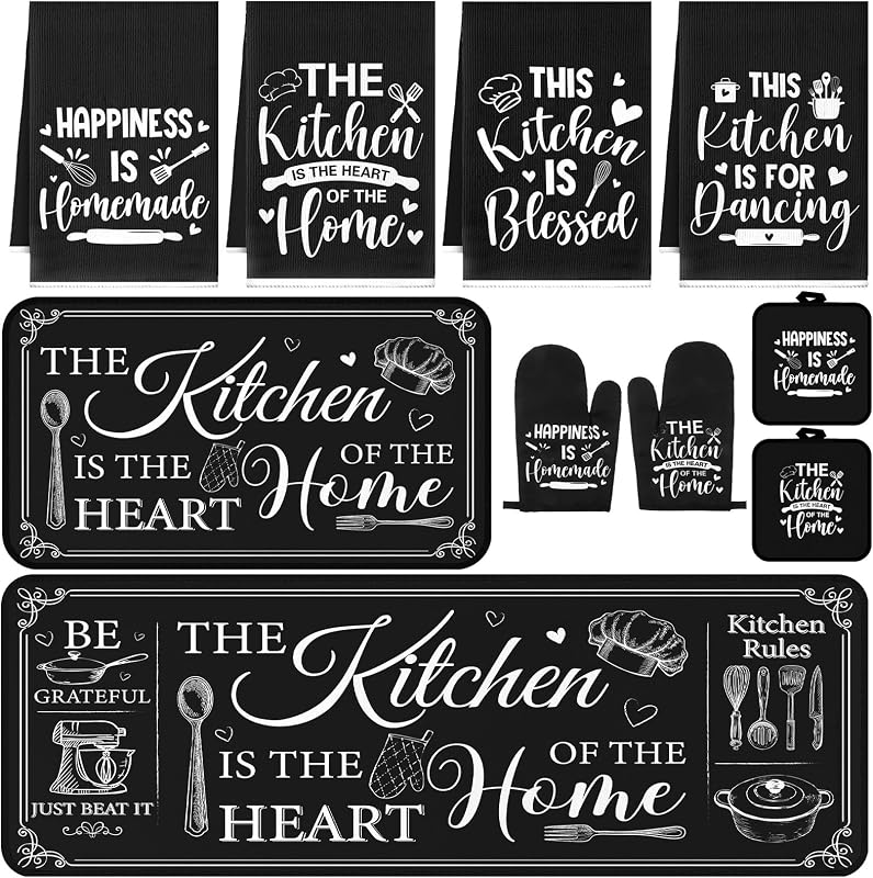 Fourluoo 10 Pcs Farmhouse Kitchen Decor and Accessories Set Black | Farmhouse Heart of Home Quotes, Includes Rugs Towels Pot Holders Mitts Set, for Cooking Baking Housewarming Gifts