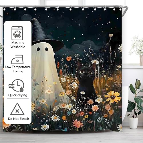 Miniatura 7 de ZTHMOE Cortina de ducha de fantasma de Halloween para baño, terror, espeluznante, caricatura, gato, noche divertida, floral, acuarela, decoración