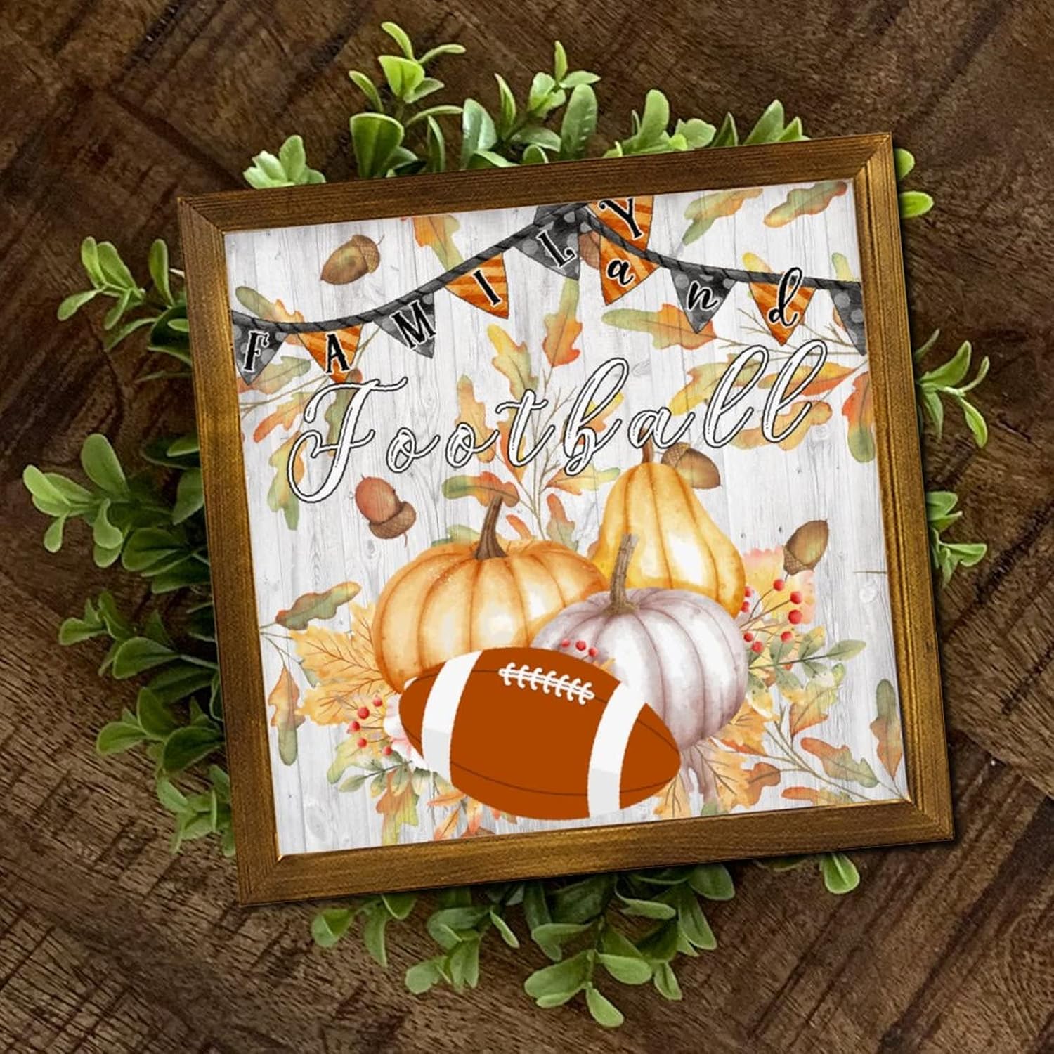 Family and Football Framed Wood Sign Autumn Pumpkin Sunflower Wall Art Sign Rustic Autumn Harvest Wall Decor Hanging Plaque Sign for Bedroom Living Room Home Kitchen 12x12 inch