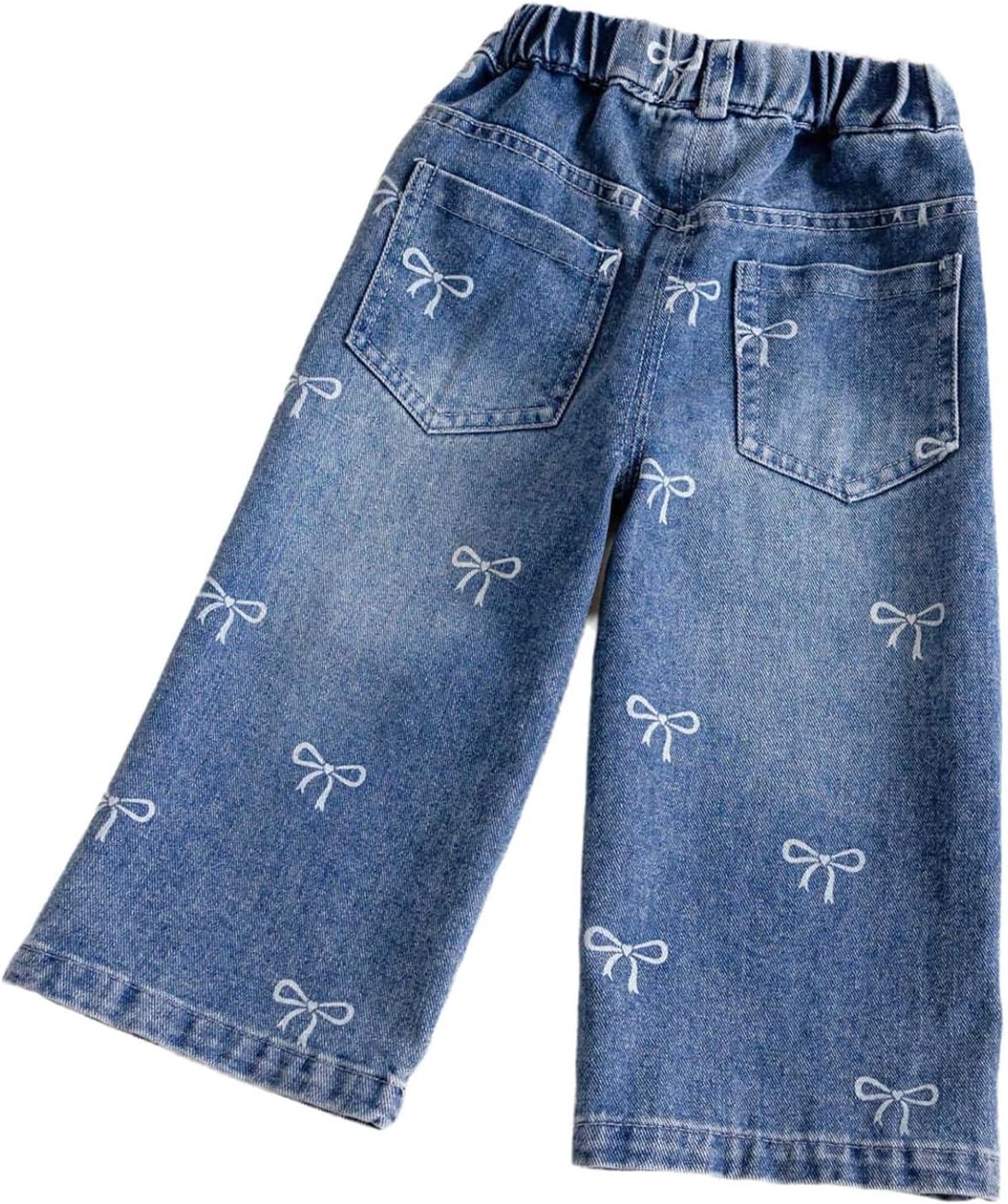 Kids Baby Girls Bow Printed Jeans Wide Leg Denim Pants with Pockets
