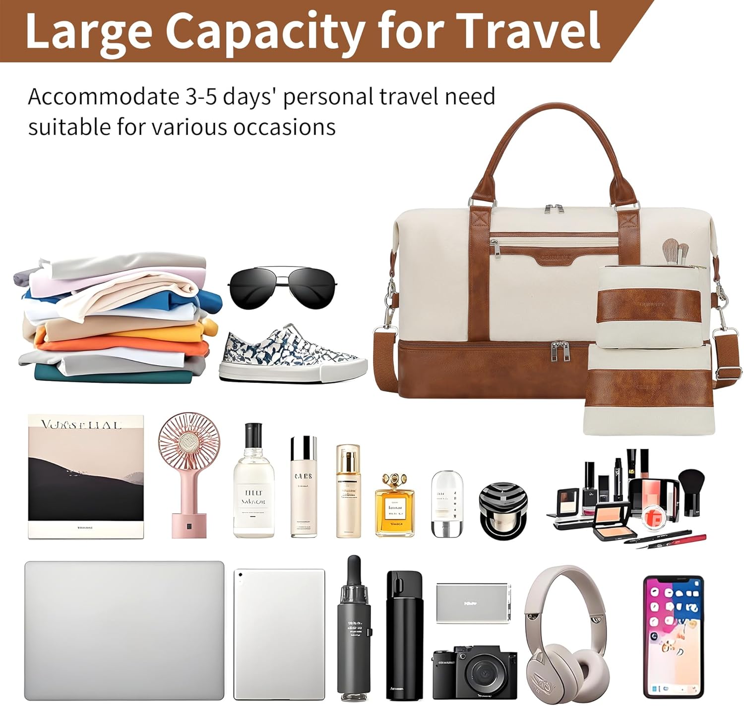 Oeihuivt Weekender Bags for Women - 21 Inch Large Travel Duffel Bag 2-Piece Set with Shoe Compartment, Heavy-Duty Canvas Leather Carry On Overnight Tote - Image 3