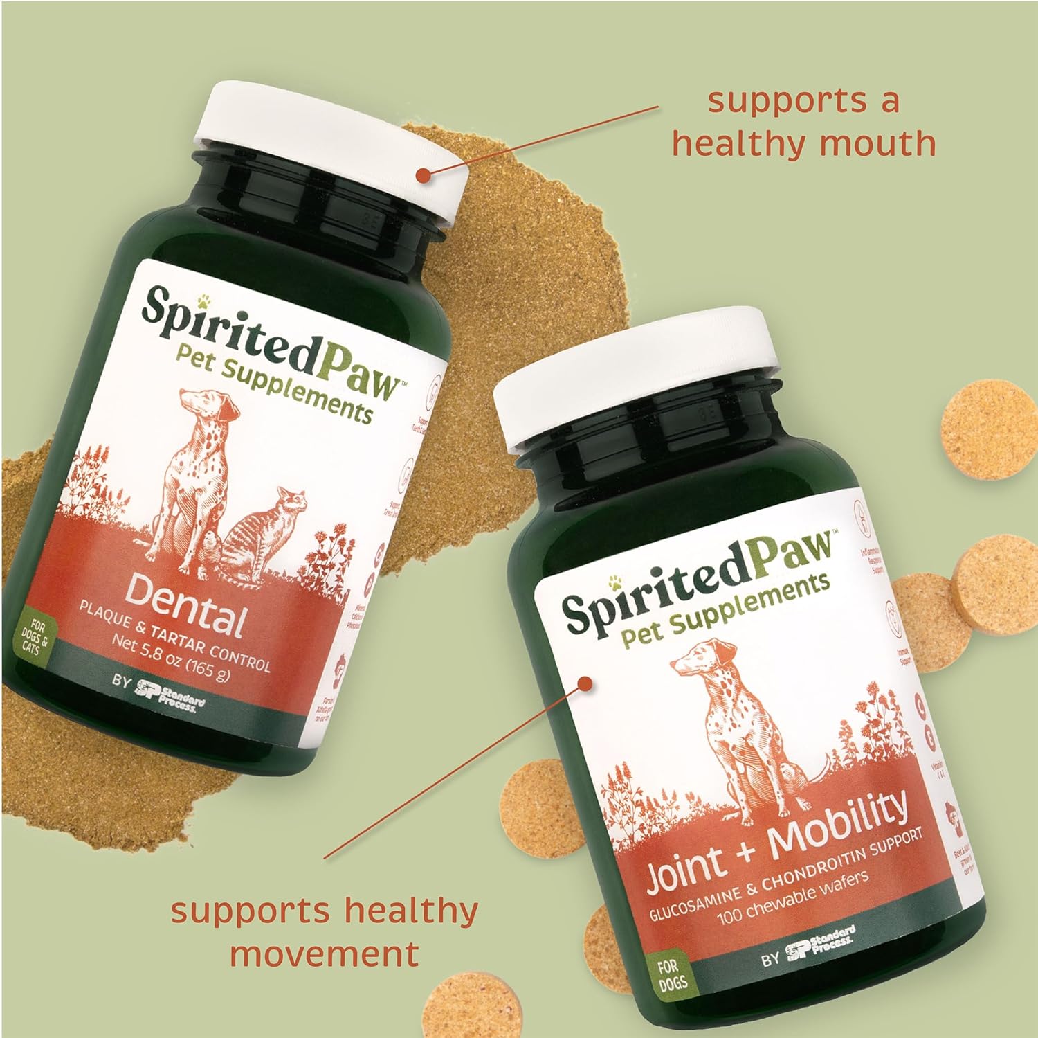 Spirited Paw Pet Health Bundle - Dental & Joint Support for Dogs - Teeth Powder & Chewable Wafers for Plaque, Tartar, and Mobility - 165 g Powder & 100 Wafers