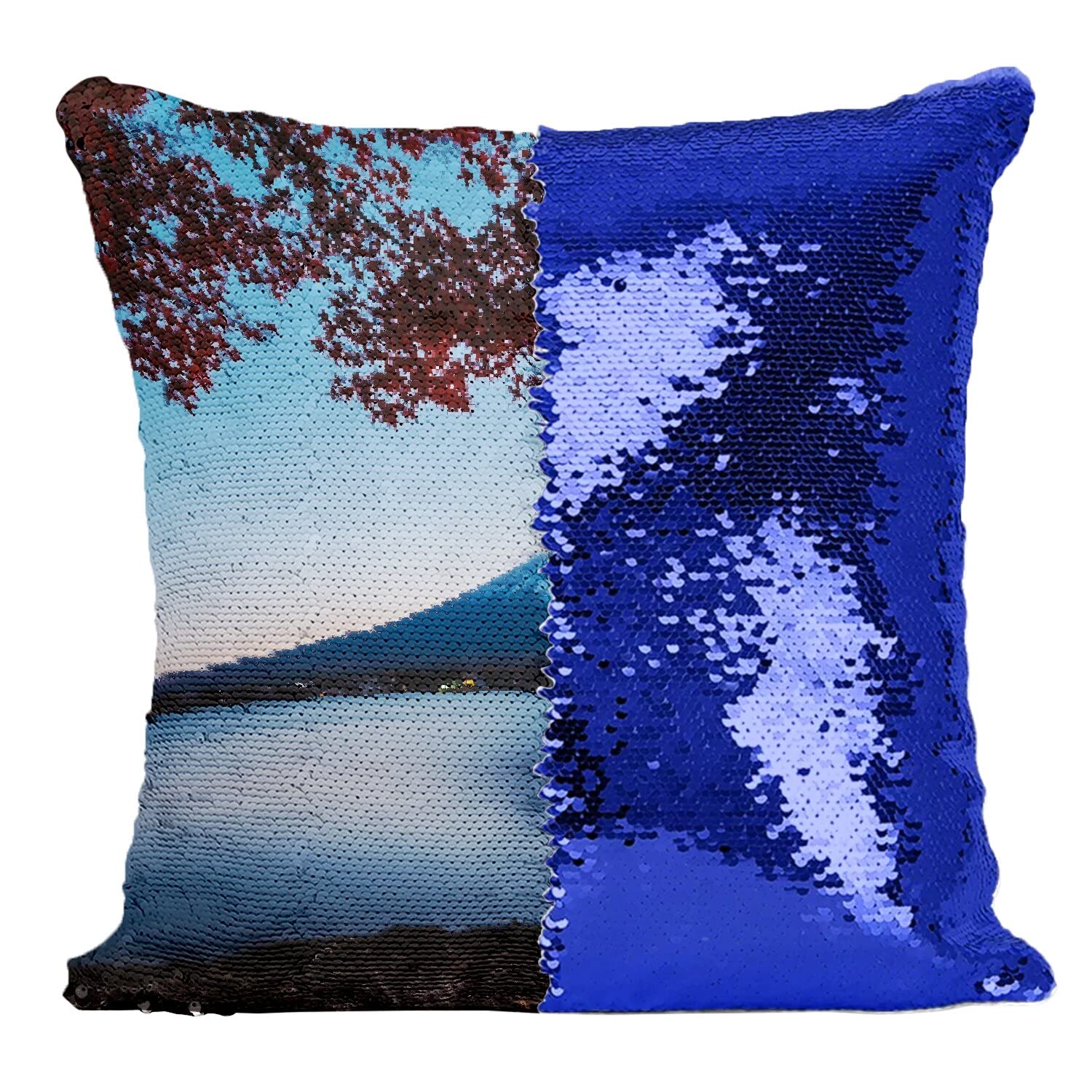Coussin paillettes bleu Mont Fuji et housse sequin paysage érable du Japon