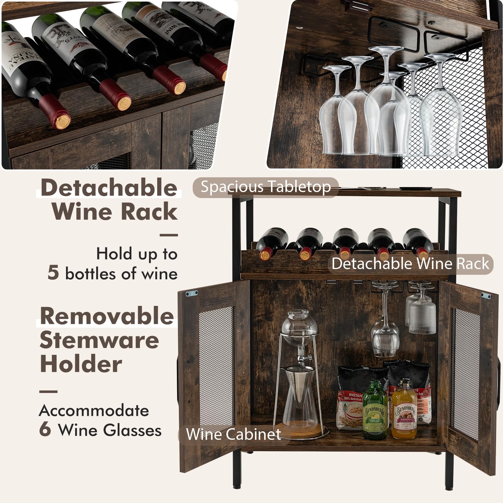KOMFOTTEU Weinschrank mit abnehmbarem Weinregal & 6 Glashalter, Flaschenständer stehend 60 x 34 x 79cm, Sideboard Vintage aus Holz, Küchenschrank Weinständer für Küche, Esszimmer