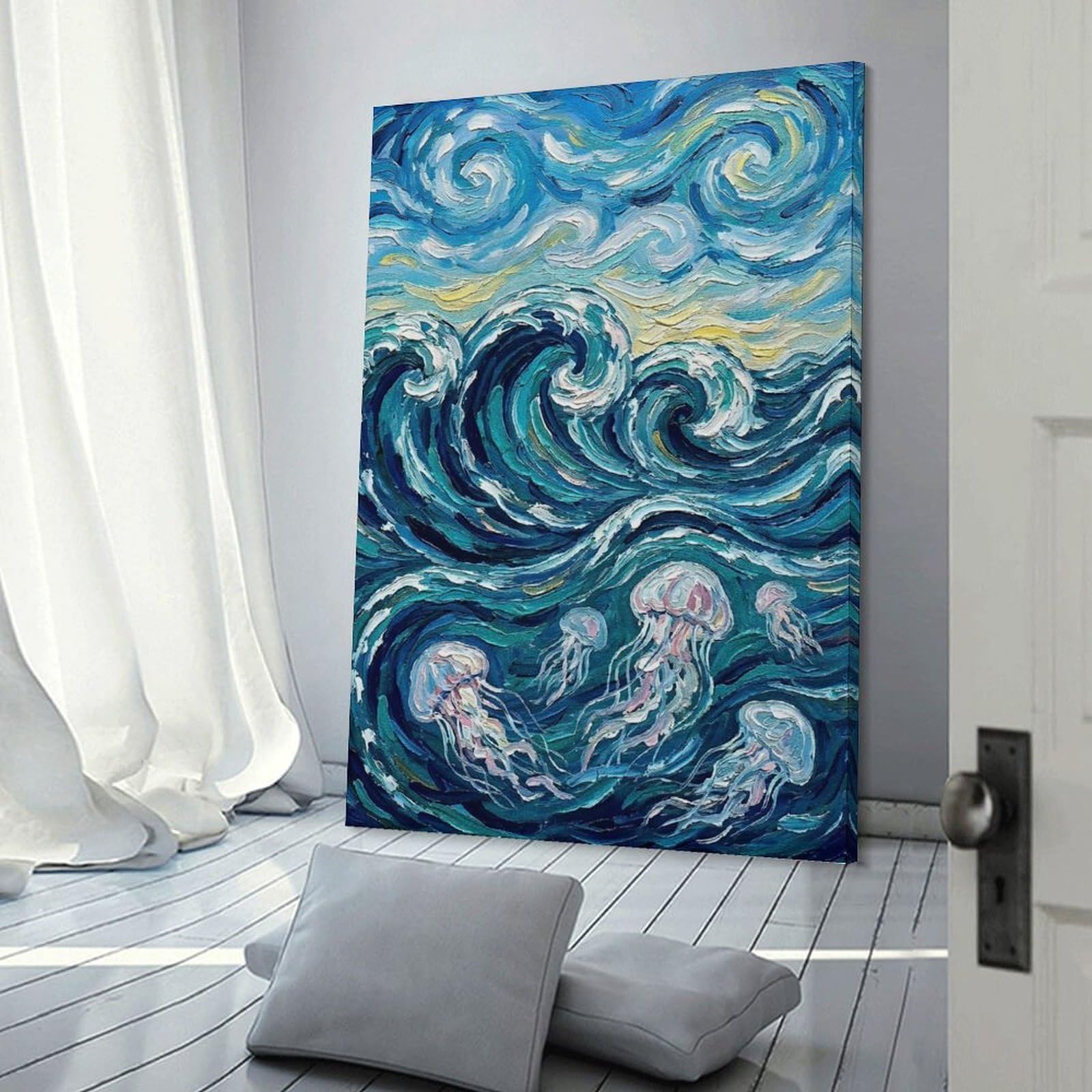 Junmoney Ocean Waves And Jellyfish Painting Home Decor Wall Art, 12x18inch(30x45cm), for New Homes, Bedrooms Or Workspaces, Gift Idea for Housewarming And Birthdays