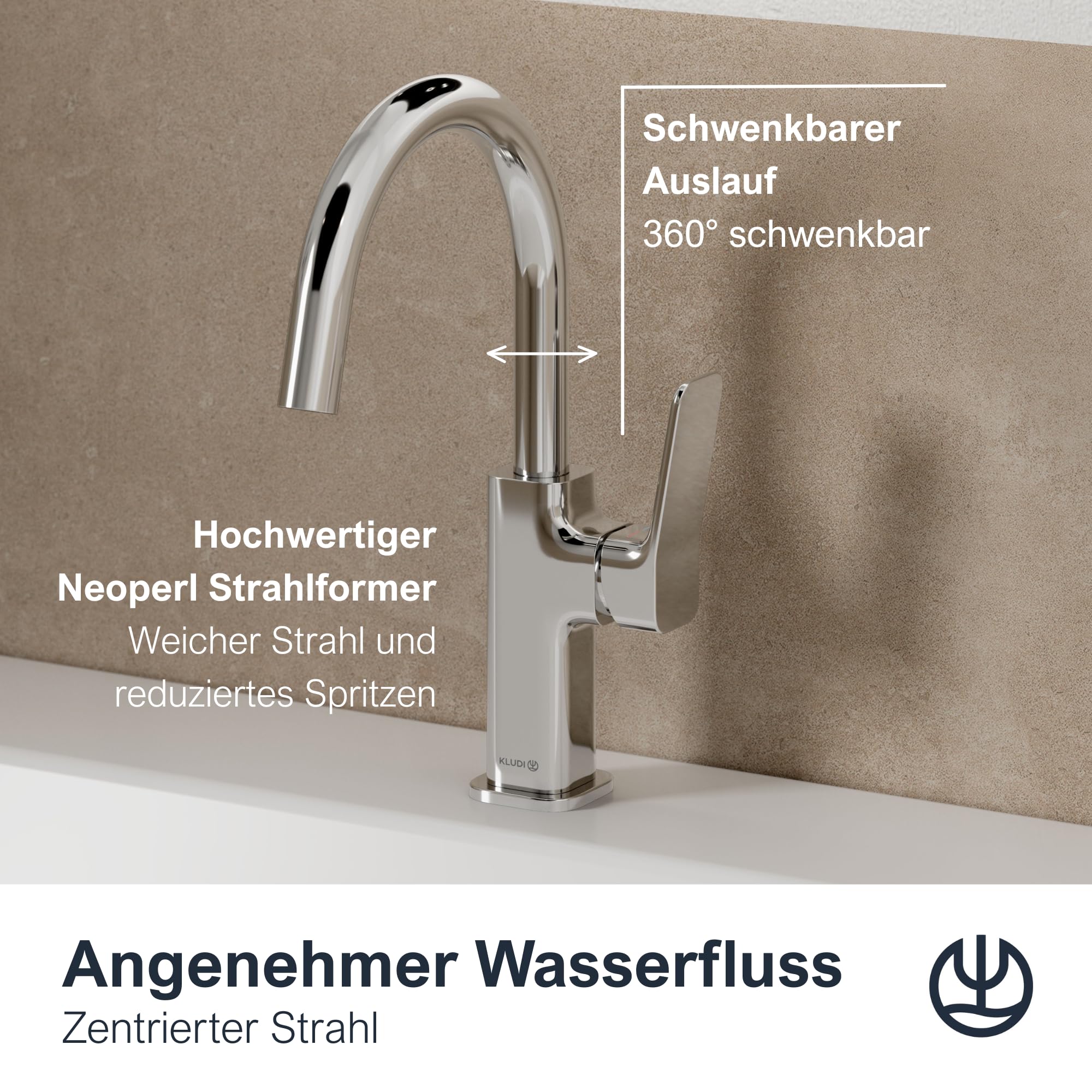 KLUDI-X3 Wasserhahn Bad mit Push-Open Ablaufgarnitur, 360° schwenkbar, Auslaufhöhe 180 mm, wassersparende Waschtscharmatur Bad Größe L, Mischbatterie Waschbecken inkl. Anschlussschläuche in Chrom
