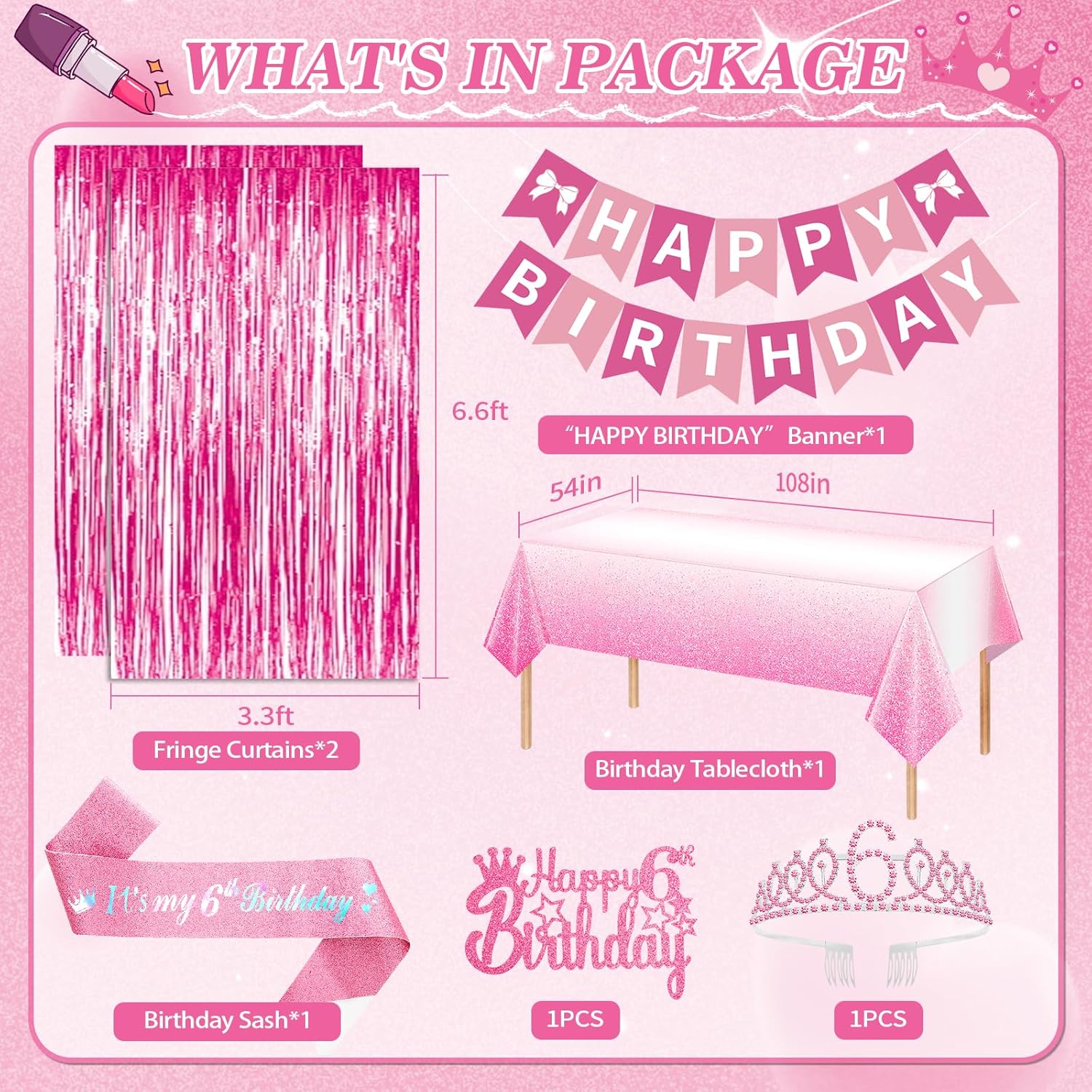 6th Birthday Decorations for Girls, Pink Party Decorations with Number 6 Balloon Happy Birthday Banner Bday Sash Crown Tablecloth Fringe Curtain Hanging Swirl for 6 Year Old Girl Bday Decor