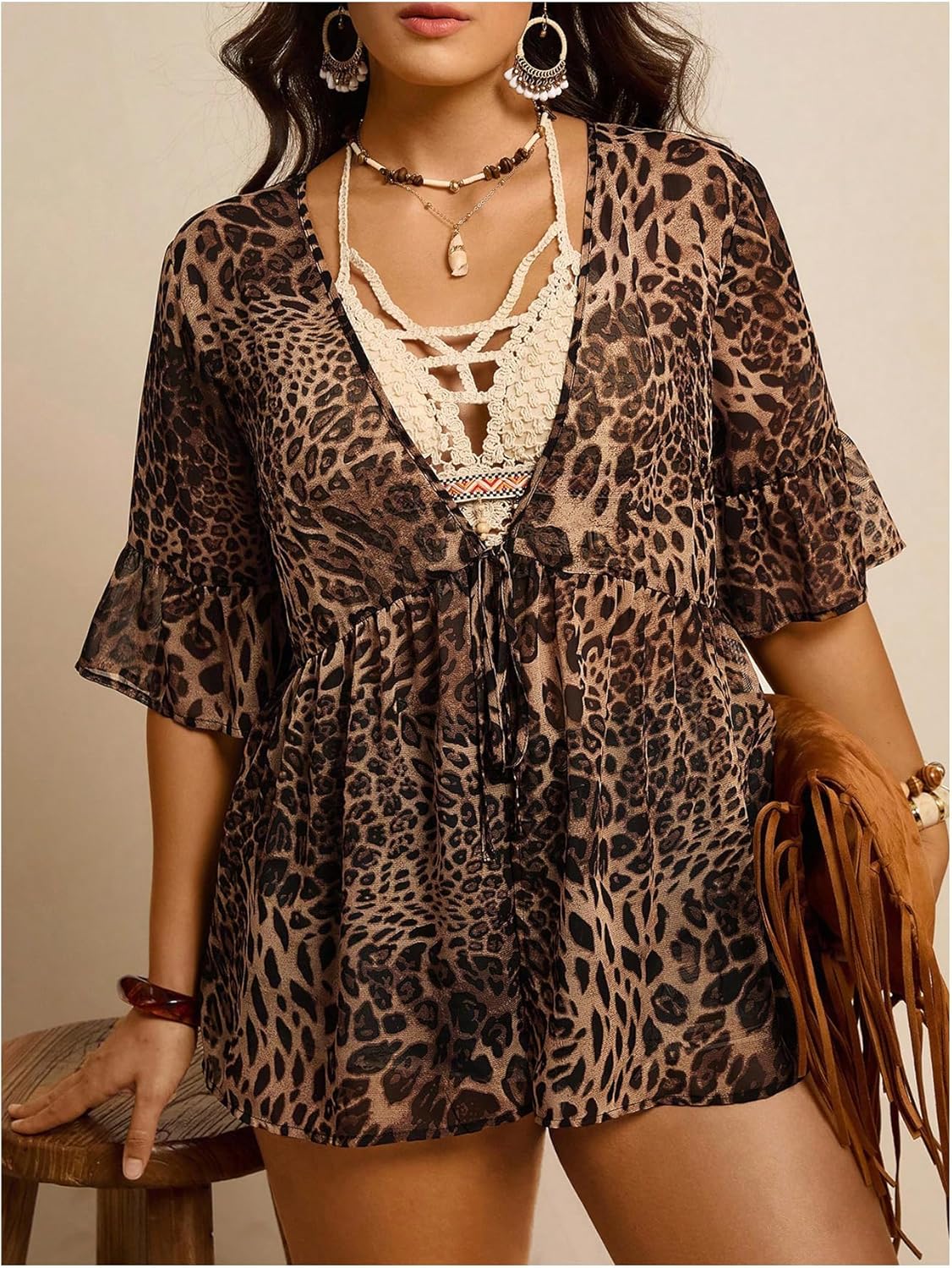 WDIRARA Women's Plus Size Leopard Cover Up Tops V Neck Tie Front Ruffle Kimono Beach Coverups - Image 2