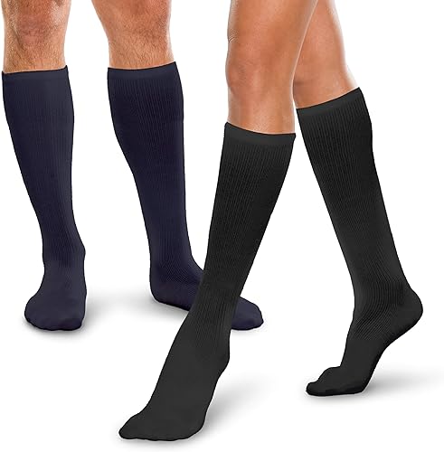 Core-Spun - Calcetines de compresión graduados hasta la rodilla de 10-15 mmHg, paquete de 2 (negro y azul marino, talla S regular)