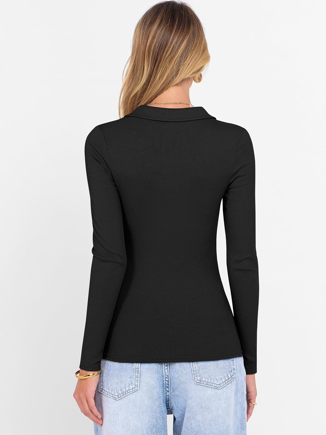 ANRABESS Women Long Sleeve Polo Shirts V Neck Slim Rib Knit Collared Dressy Business Casual Top 2025 Basic Tee Fall Outfits - Image 5