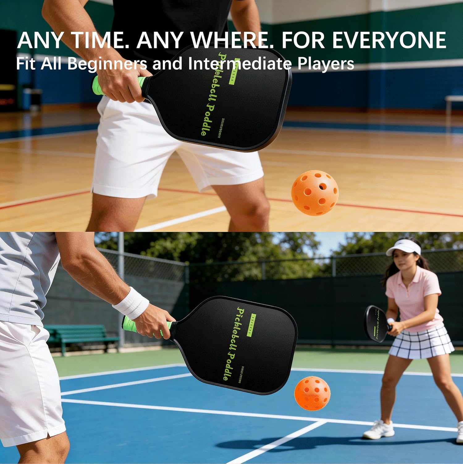 Pickleball Paddles Set of 2, Carbon Fiber Surface & 16mm Polypropylene Honeycomb Core, 4 Indoor & Outdoor Balls
