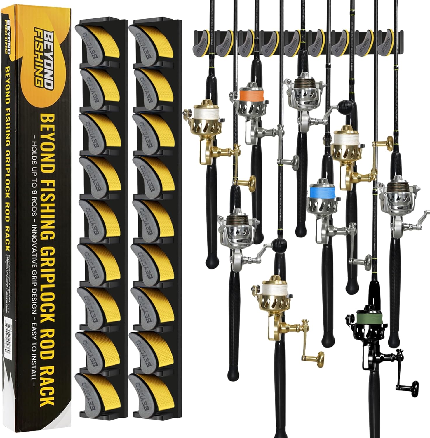 Beyond Fishing GripLock Vertical Fishing Rod Rack – Wall-Mounted Fishing Rod Holder for Garage – Stores Up to 9 Rods or Combos –Space-Saving Durable Fishing Rod Holders for Serious Anglers