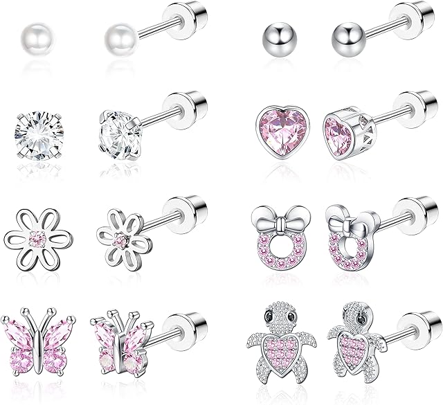 Diamday 8 Pairs Hypoallergenic Screw back Earrings for Women Girls 316L Stainless Steel CZ Tiny Pearl Ball Heart Flower Turtle Butterfly Stud Earrings Set