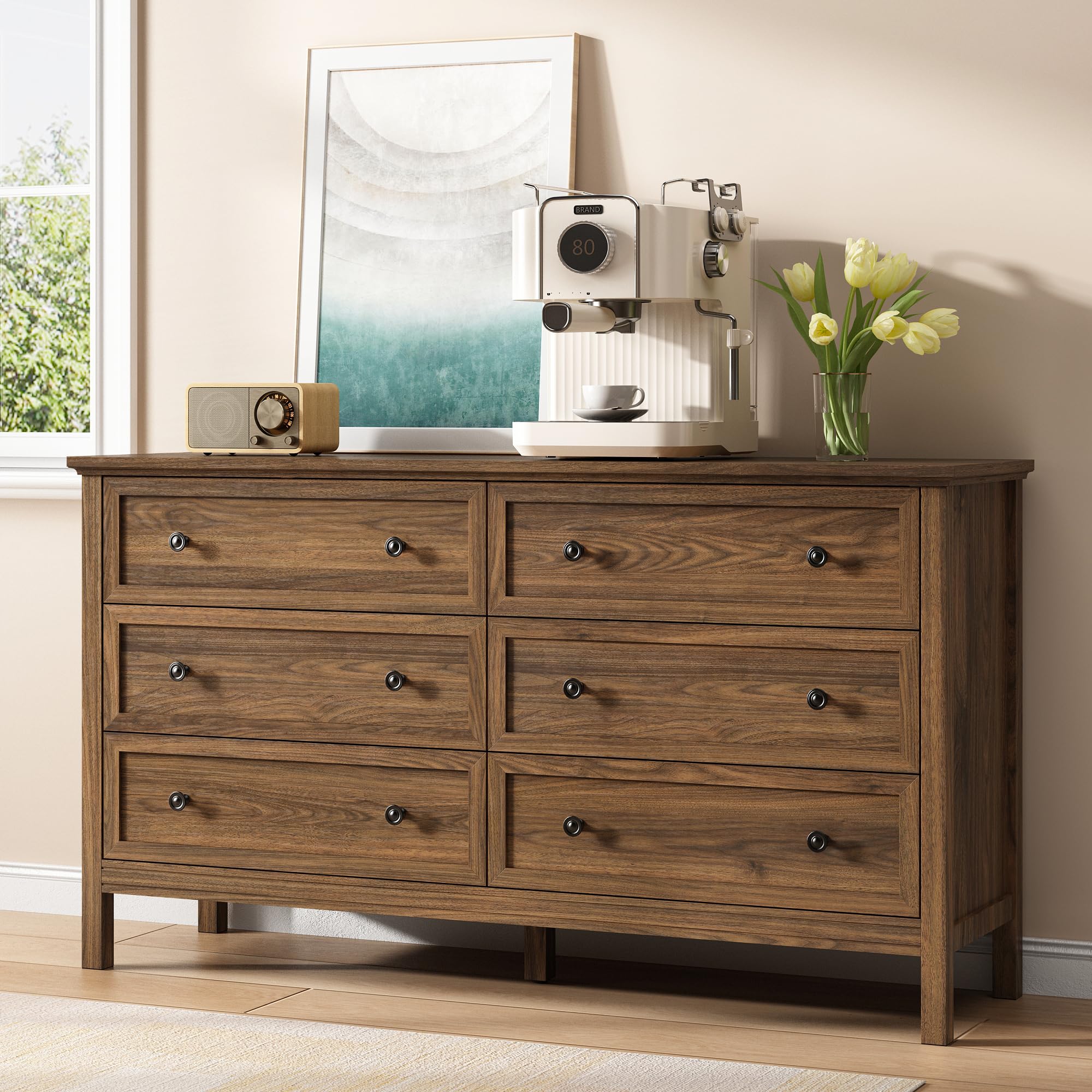 natural brown dresser Tradare 55'' Walnut with 6 Drawers for Bedroom, Wood Dresser Modern Chest of Drawer with Handles Solid Wood Legs, Large Storage Dressers for Livining Room, TV Stand, Entryway Size:48x30