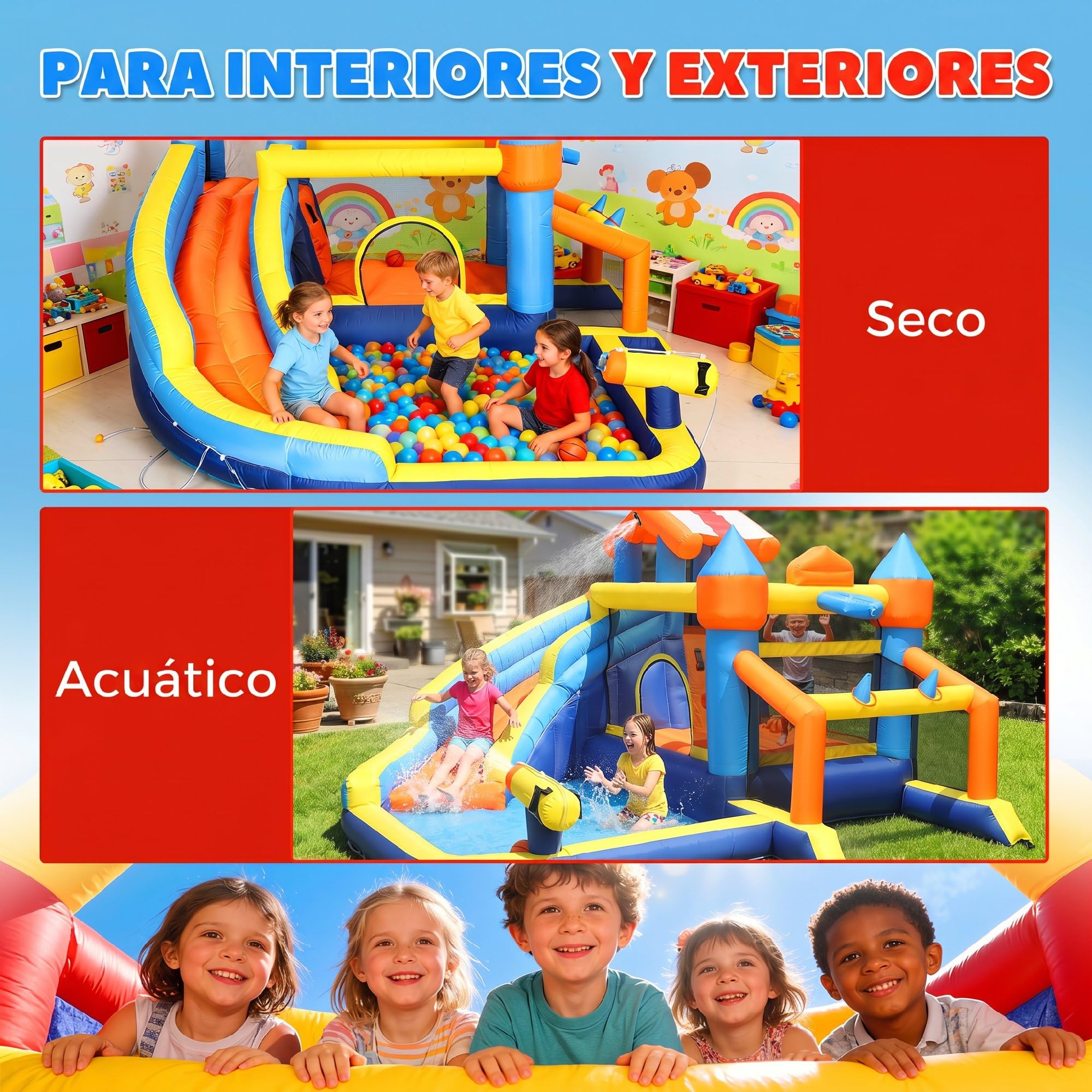 AIYAPLAY Castillo Hinchable Acuático 8 en 1 con Soplador 550W Castillo Hinchable Niños con Tobogán Extralargo Seco/Mojado Zona de Salto Escalada Piscina Portería Canasta Exterior Interior 350x325x210