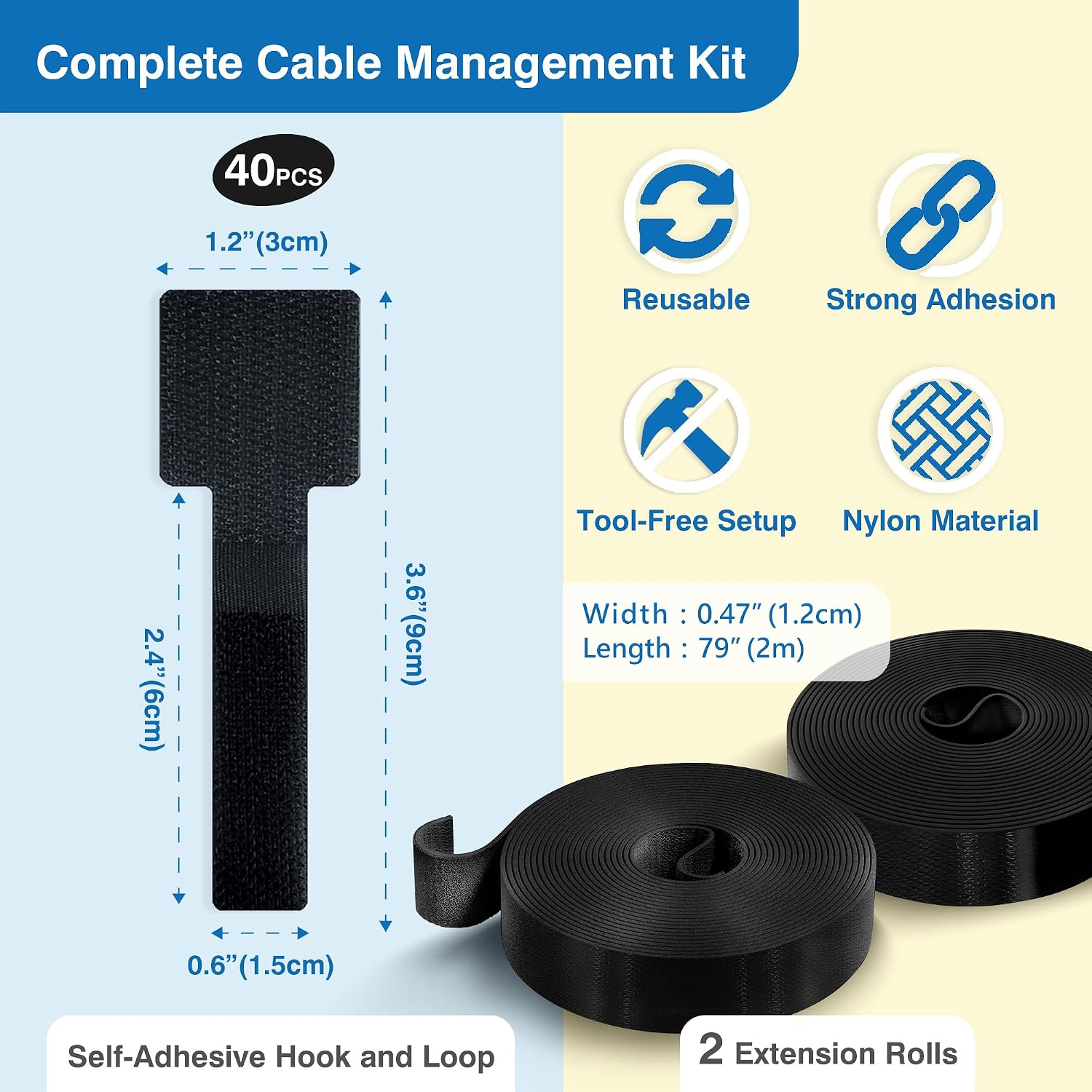 Cable Management Kit – 40 Self-Adhesive Hook & Loop Cable Ties with 2 Extension Straps, Strong Adhesive Cord Organizer for Desk, Wall, Home & Office – Adjustable Wire Holders (Black) image 2