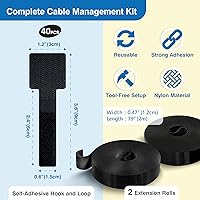 Vista 2 de Cable Management Kit – 40 Self-Adhesive Hook and Loop Ties with 2 Extension Straps – Made with 3M Tape, Back-Sticky Cord Organizer for Under Desk