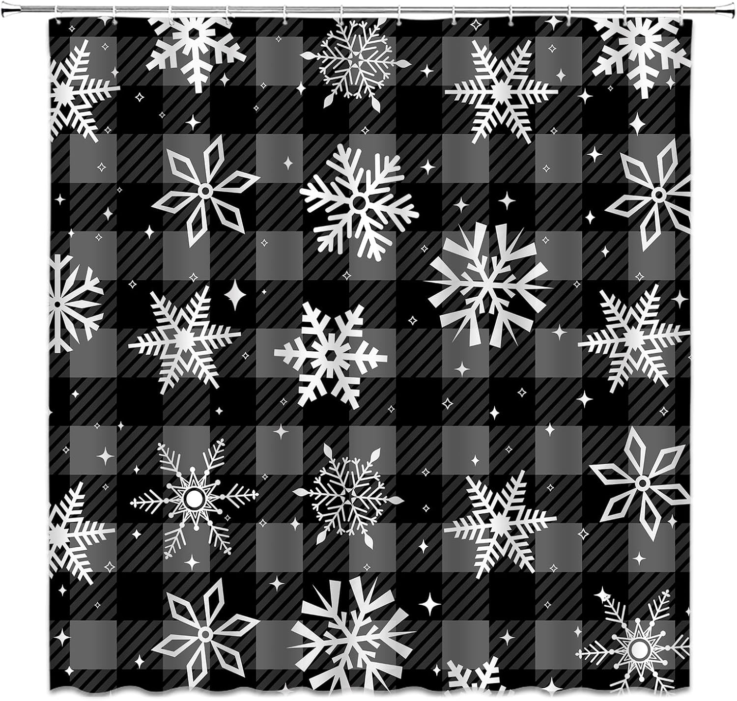 Winter Snowflake Shower Curtain Grey Christmas Buffalo Plaid Modern Happy New Year Polyester Fabric Bathroom Decor Set with Hooks(70" Wx84 H)