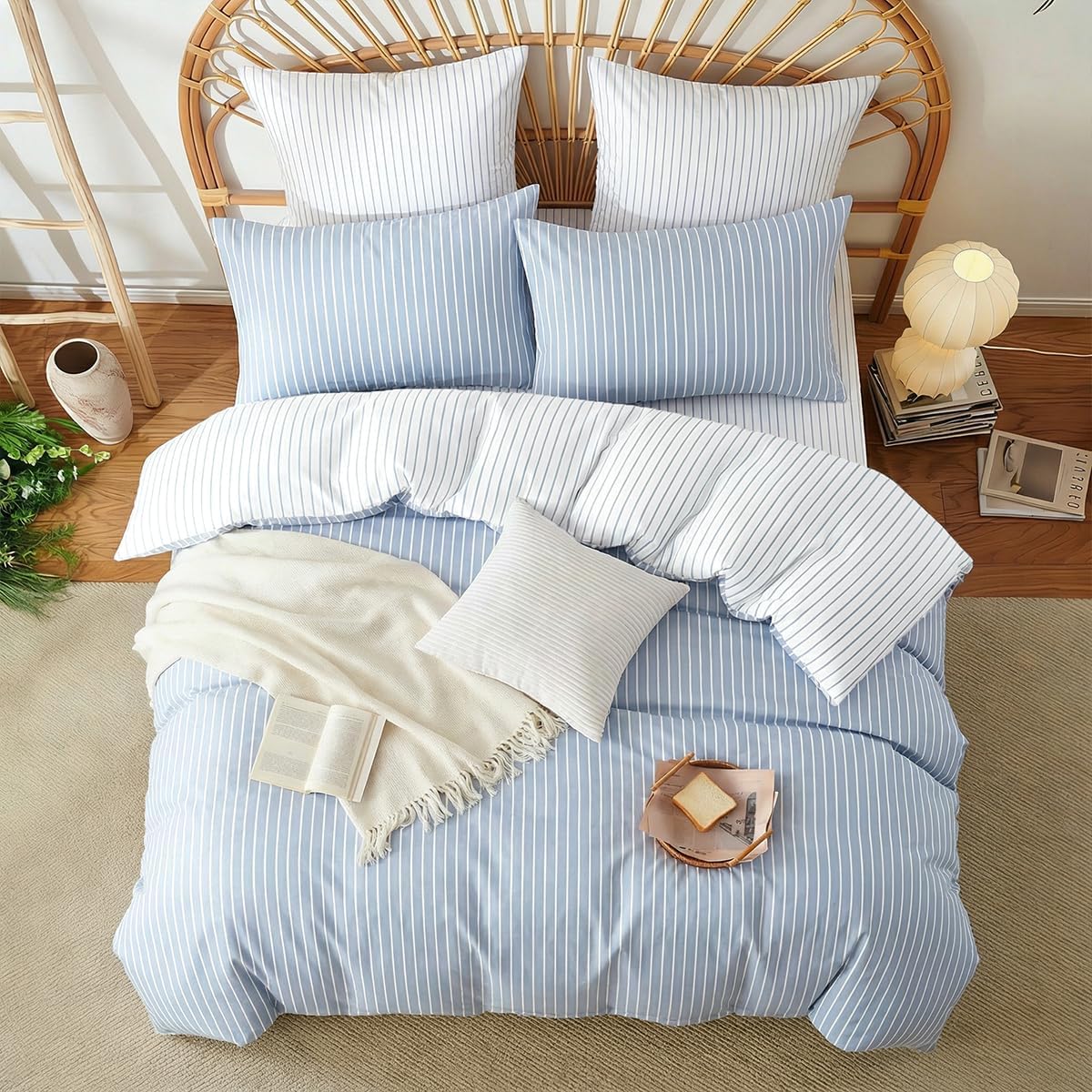 Striped Duvet Cover Queen 100% Washed Cotton Duvet Cover Set, Blue White Wide Stripes, Linen Like Textured, Soft Breathable Cotton Bedding 3 Pieces