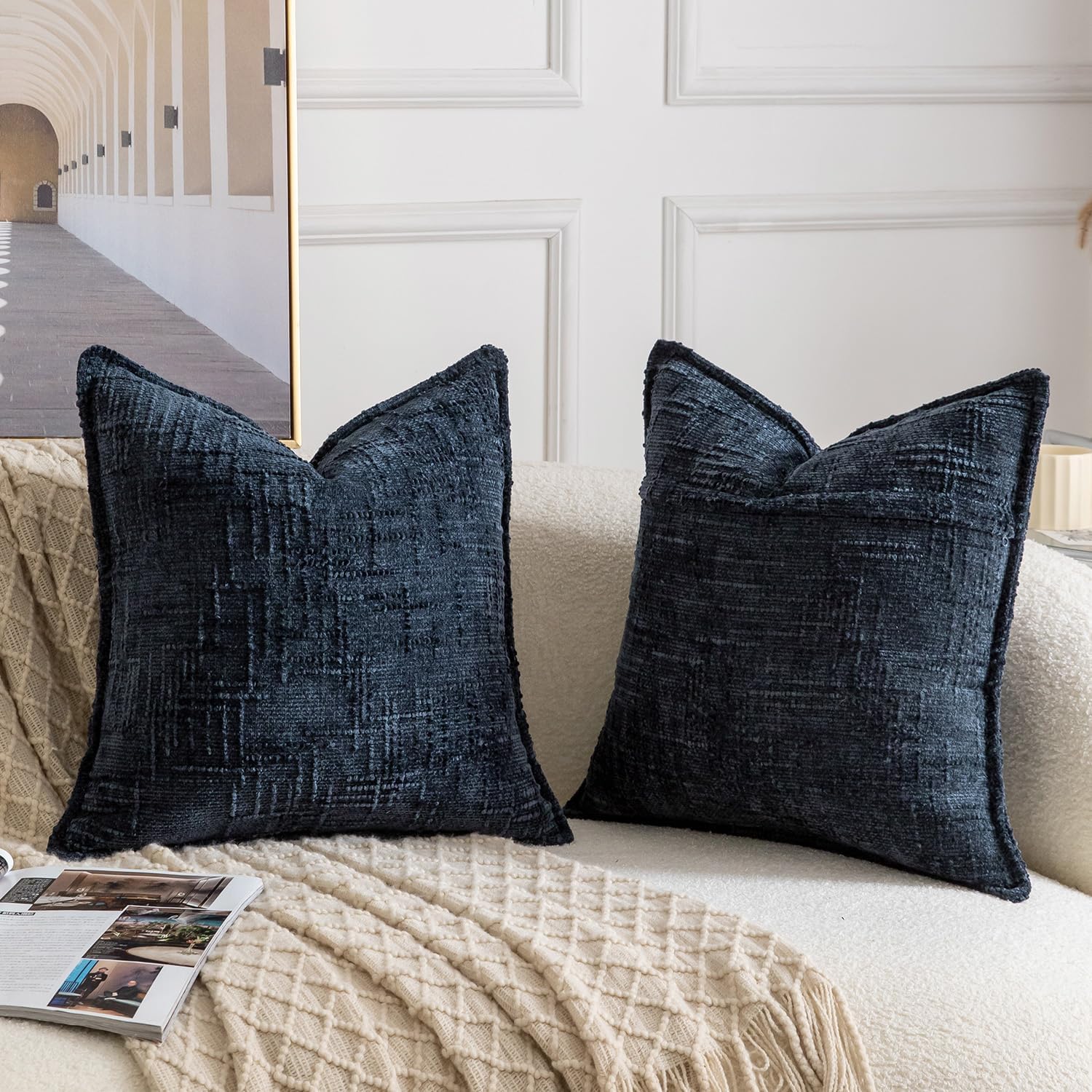 MADIZZ Pack of 2 Chenille Throw Pillow Covers 20x20 Inch Dark Blue Soft Neutral Decorative Throw Pillows for Couch Sofa Boho Accent Cushion Covers Modern Farmhouse Home Decor for Bedroom Living Room