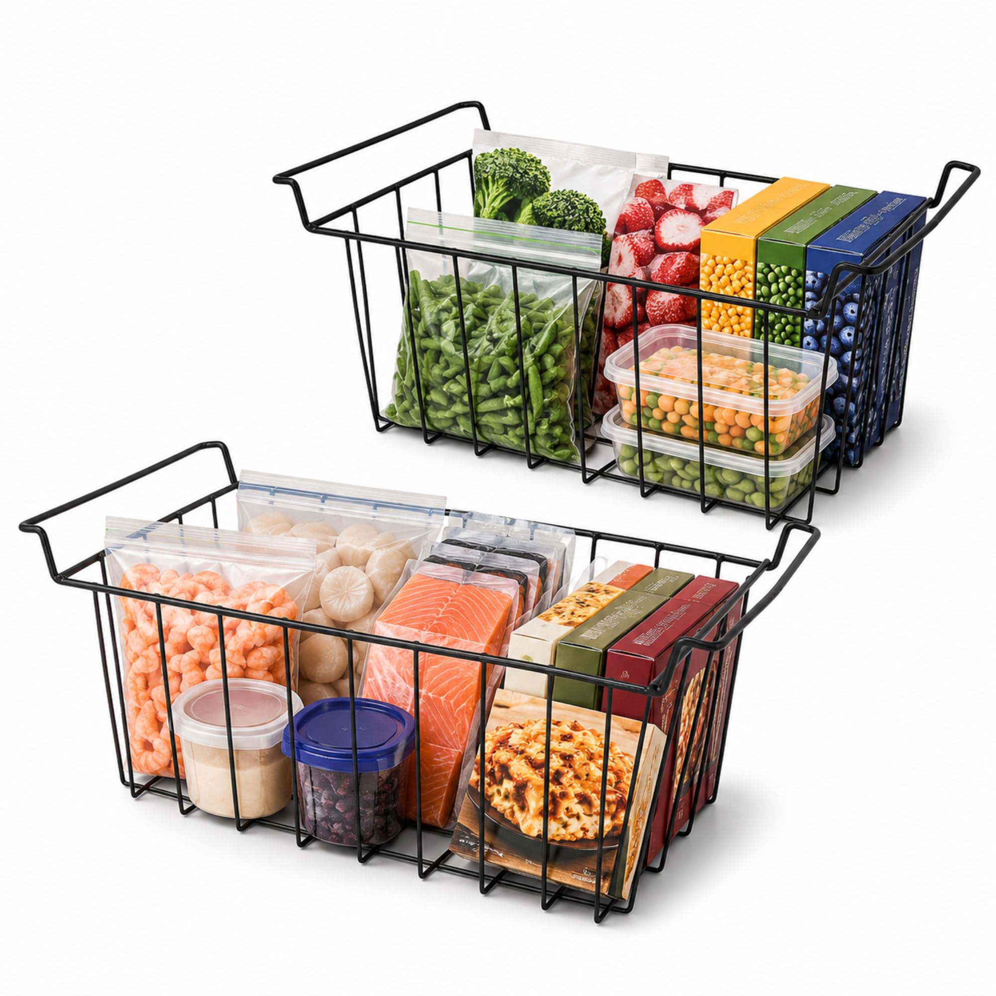2 Stück Gefrierschrank Organizer Drahtkorb, Schwarzer Hängekorb mit PE-Beschichtung, Kühlschrank Organizer Set für Aufbewahrung, Gefrierschrank und Kühlschrankregale