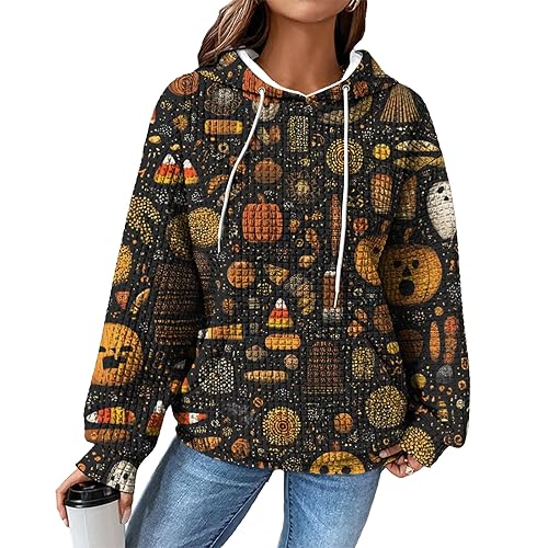 Hoodies for Women Graphic Waffle Pullover Tops Crewneck Drawstring Casual