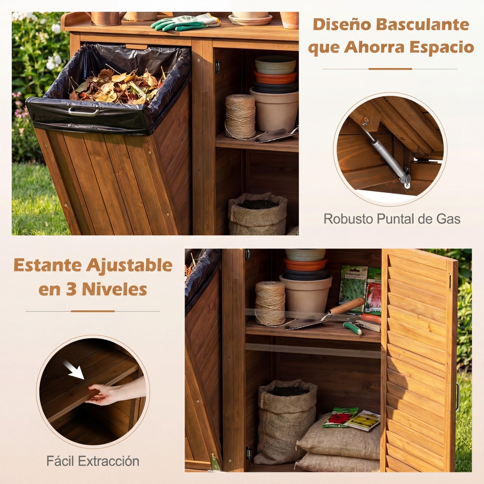 COSTWAY Armario Exterior de Madera Maciza, Cobertizo Exterior con Estantes Extraíbles y 2 Puertas, Caseta Jardin Terraza Balcon (102 x 43,5 x 152 cm)