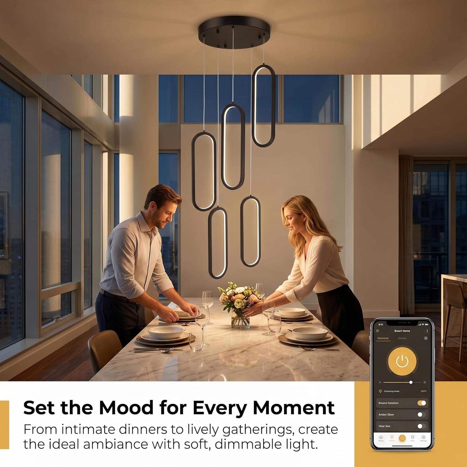 Modern LED Dimmable Chandelier with Remote & APP Control, Adjustable 5-Ring Black Pendant Lights for Kitchen Island, Dining Room, Living Room & Staircase, Stylish Hanging Ceiling Light