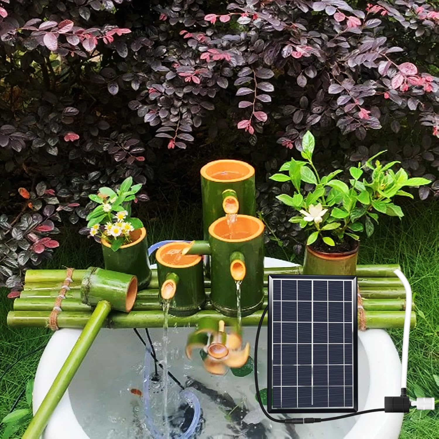 50cm Bamboo Fountain Kit with Pump, Solar Powered Water Fountain, Zen Bamboo Fountain with Waterwheel, for Outdoor Indoor Garden Patio