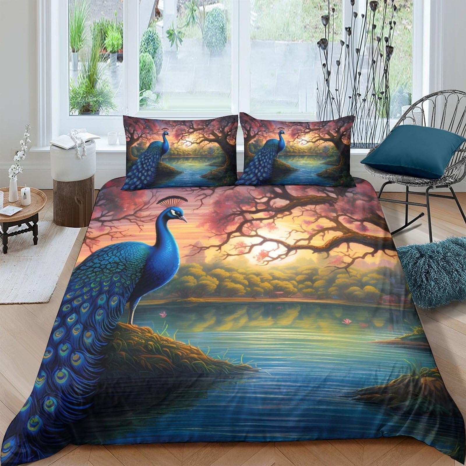Housse de couette paon imprimee 3d microfibre parure de lit 140x200