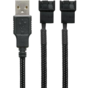 CRJ 5V USB Dual PC Fan Power Adapter Cable - 24-inch 60cm, Black Sleeved - Silent Fan Speed Adapter for Two 3-Pin & 4-Pin Computer Cooling Fans