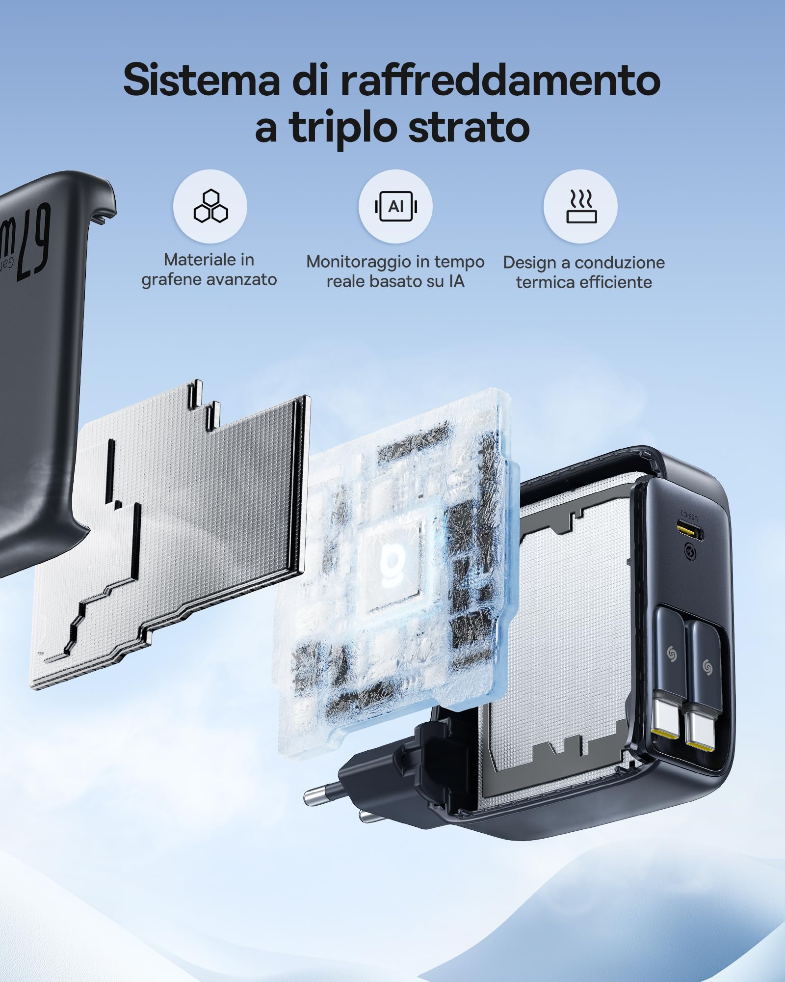 Baseus Enercore Caricatore USB C 67W Con 2X Cavi Arrotolabile, Alimentatore GaN Con Porta USB-C, Caricatore Rapido Compatto Compatibile Con MacBook Pro, HP, Dell, iPad Pro, iPhone 16 Pro, Galaxy S25