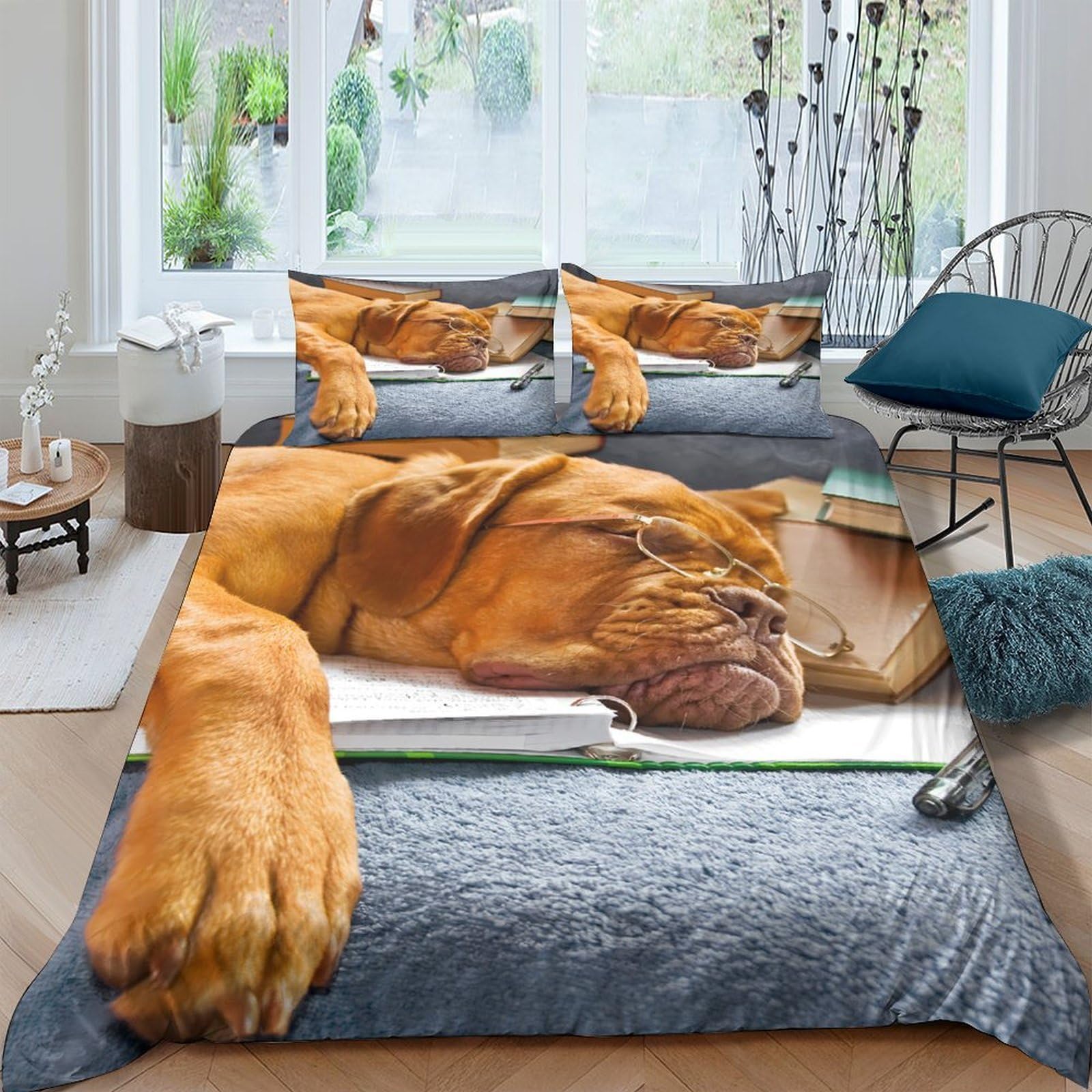GPLZQXKJNH 3D Printed Sleeping Dog Duvet Cover Microfiber Soft Breathable Book Bedding Set with 2 Pillowcases for Bedroom Decor 120x200cm Single（135x200cm）
