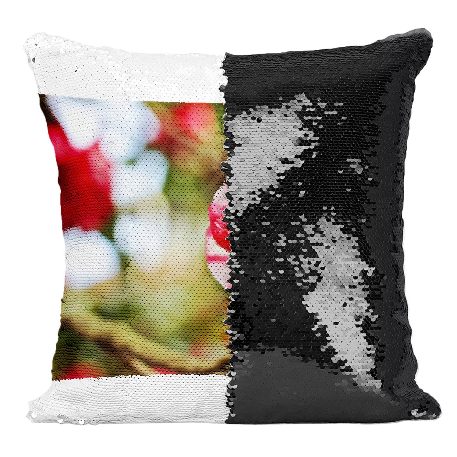 Coussin paillettes fleur rosier housse sequin noir rouge blanc déco lit chambre
