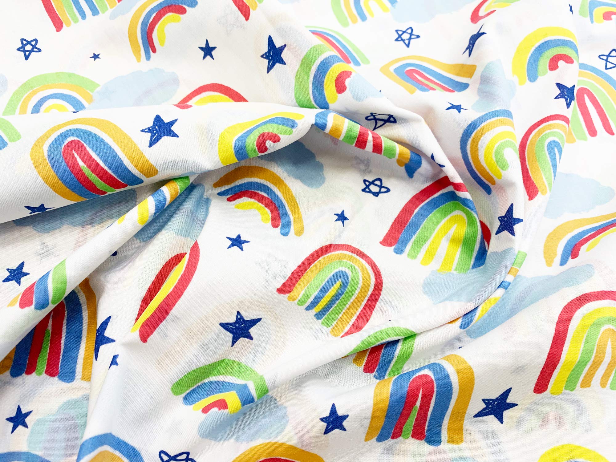Tirrito White Polycotton Fabric - Rainbows & Stars Print On - Fabric Craft Material Metre (395Rb)