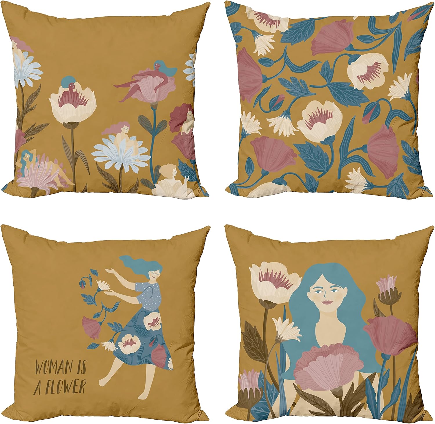 Ambesonne Floral Throw Pillow Cushion Case Pack of 4, Watercolor Design Flowers and Blooming Ladies Woman is a Flower Feminist, Modern Accent Double-Sided Digital Printing, 16", Fawn Slate Blue Rose