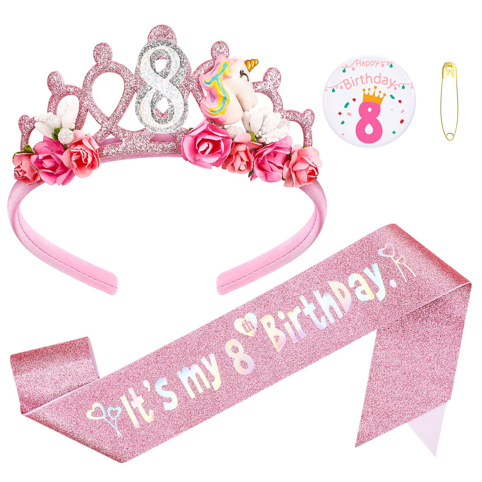 GSrenyu 8th Birthday Decorations for Girls,Headband Glitter Sash and Badge Set for 8 Year Old Girls Birthday Decorations,Unicorn Flower Princess Crown Headband