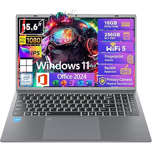 Windows11 Intel Laptop 15.6”HD Display（Celeron N5095）16GB RAM 256GB SSD Storage，With Free Office 2024 | Fingerprint Unlock | Privacy Camera | Backlit Keyboard，Suitable for Student and Business