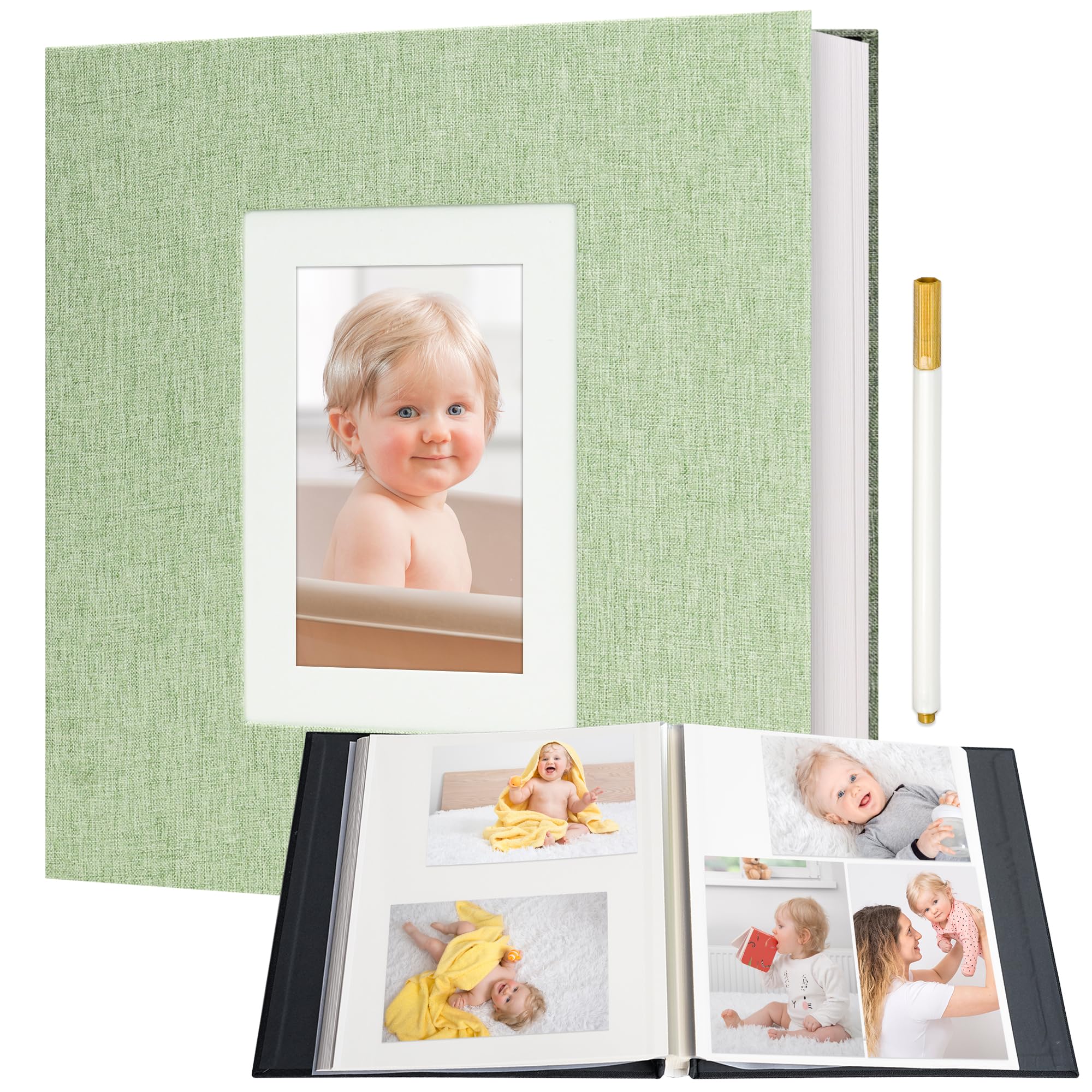 Vienrose Self Adhesive Photo Album 40 Pages for Wedding, Family, Grassgreen | Linen cover, Window cover, 11 x 10 8 inch, 2x3 4x6 5x7 8x10 photos, DIY