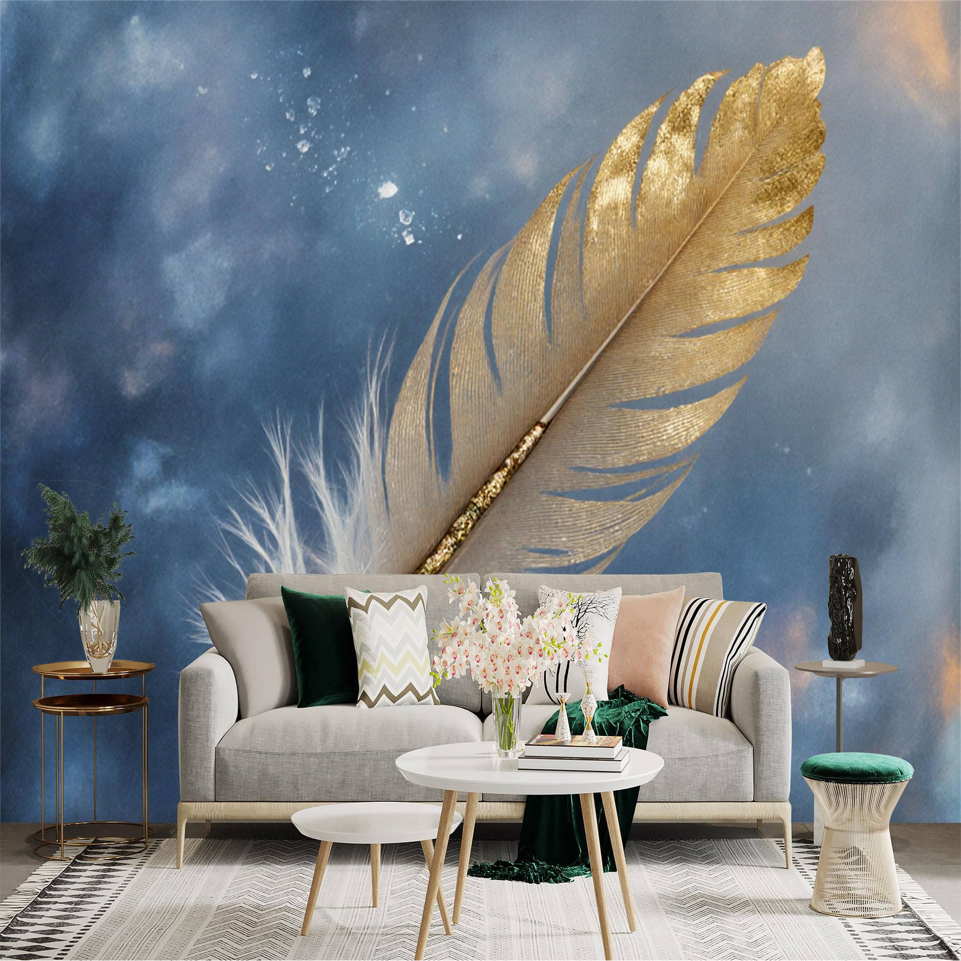 Custom Size Wall Sticker Mural， Elegant Golden Feather， Luxury Abstract Texture， Soft Blue Cloudy Sky Background， for wall Decoration， peelandstick wall Decals.