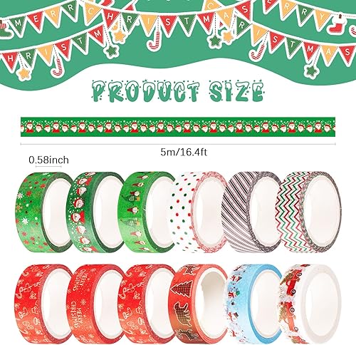 Miniatura 2 de 12 rollos de cinta adhesiva Washi de Navidad de 0.591in de ancho para invierno, copos de nieve, árbol de Navidad, cinta adhesiva decorativa para