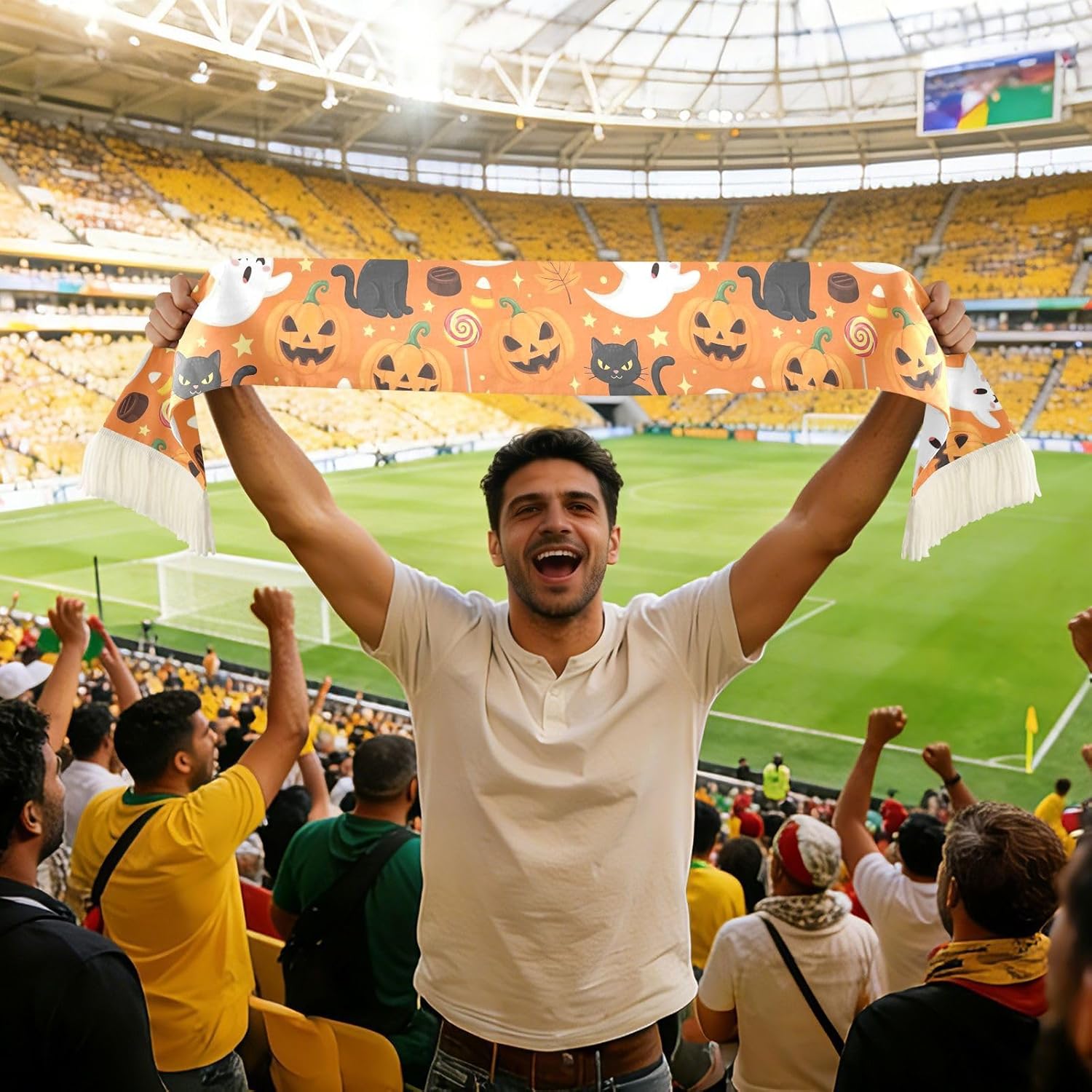 CHIFIGNO Cute Halloween Orange Sports Fan Scarf Towel, Soft Polyester Cheering Scarf for Soccer Games, Quick Dry Sweat Absorbent Rally Towel