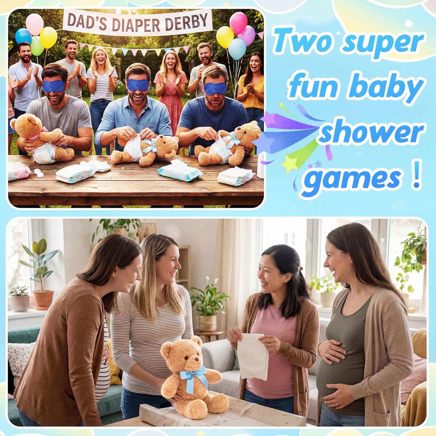 6 Sets Diaper Baby Shower Games Gender Reveal Games Include Bears, Diapers, Blindfolds, Game Boxes, Balls for Party Activities Favors(Blue)