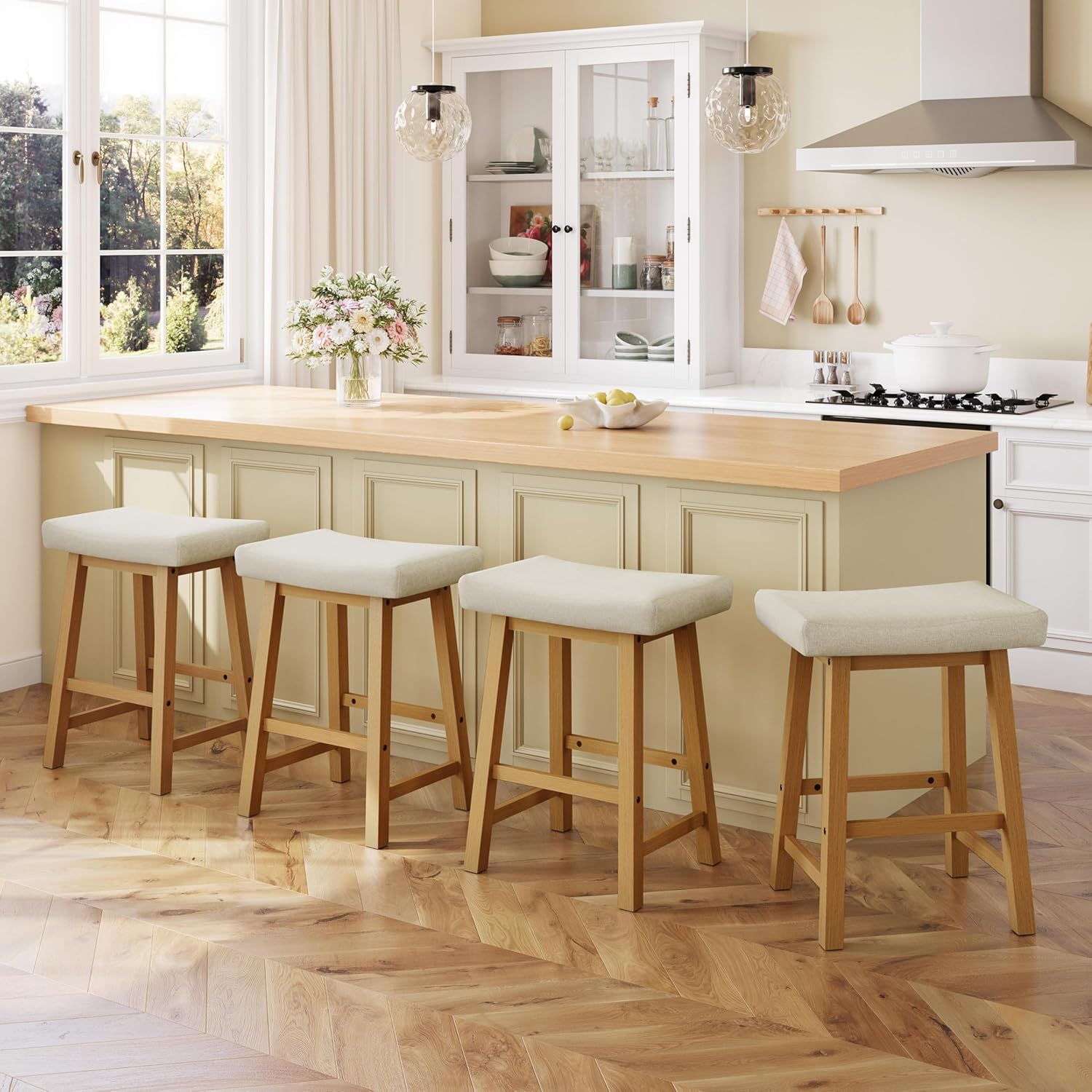 Yaheetech 24 Inch Counter Height Bar Stools Set of 4, Backless Saddle Stool Chair for Kitchen Counter Island with Footrests for Dining Room Small Space, Beige