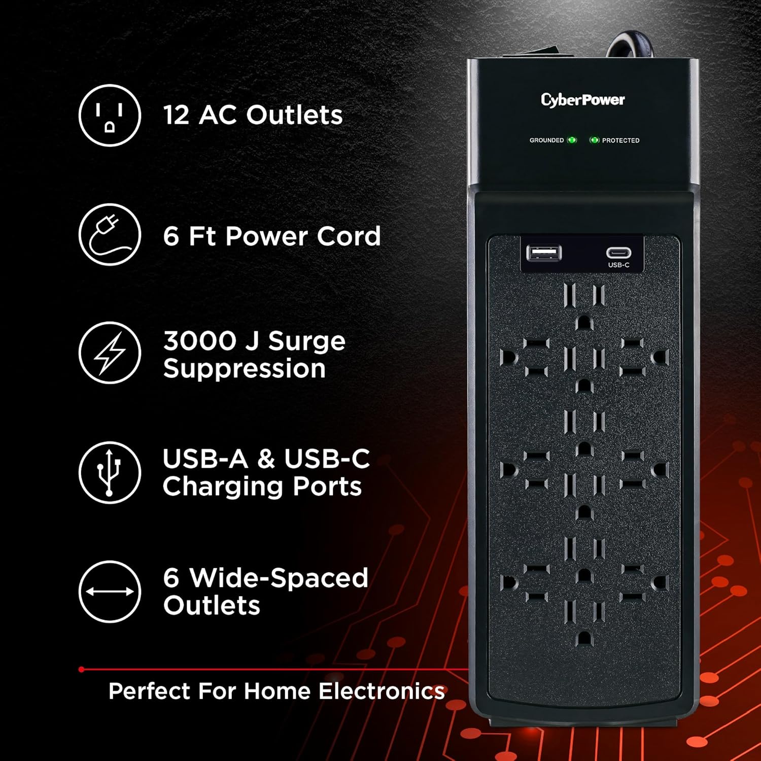 CyberPower CSP1206UC Surge Protector, 3000J, 12 Outlets, 1 USB-A, 1 USB-C, 6 Foot Power Cord, Black, ETL
