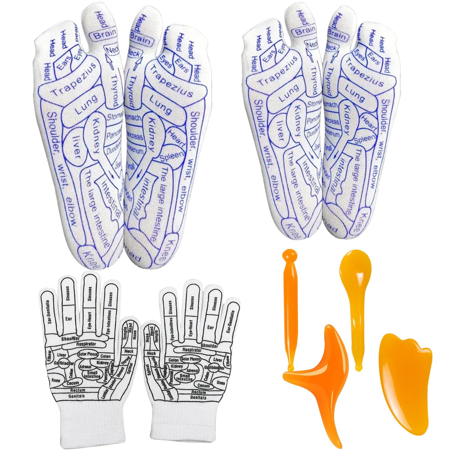 KEAGAN 7 Pairs Reflexology Socks and Gloves, Acupressure Reflexology Socks Set, Marked Acupoint Massage Socks Gloves with Massage Tool, Foot Massage Socks for Women Men for Tired Relieve, One Size